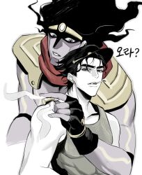  2boys black_gloves black_hair black_hat blue_eyes bullet cigarette commentary_request earrings fingerless_gloves gloves grey_tank_top hat highres holding holding_bullet jewelry jojo_no_kimyou_na_bouken korean_commentary kujo_jotaro male_focus multiple_boys smoke smoking stand_(jojo) star_platinum stardust_crusaders stud_earrings tank_top zu_okr 