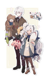  ! ... 1boy 1girl black_bow black_shoes blue_eyes boots border bow brown_background brown_boots brown_bow brown_pants brown_pantyhose character_request chibi coat collared_dress collared_shirt dress dress_shirt green_eyes grey_coat grey_hair hair_between_eyes hair_bow hair_intakes heterochromia highres holding holding_stuffed_toy hugging_object ikeuchi_tanuma long_hair original pants pantyhose shirt shoes spoken_ellipsis spoken_exclamation_mark stuffed_animal stuffed_rabbit stuffed_shark stuffed_snake stuffed_toy sweater_vest teddy_bear two_side_up very_long_hair white_border white_dress white_shirt yellow_eyes 