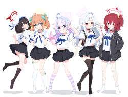  >:) 5girls :q \m/ absurdres aged_down ahoge alternate_costume alternate_hair_length alternate_hairstyle asymmetrical_legwear bandaid bandaid_on_cheek bandaid_on_face beret black-framed_eyewear black_choker black_hair black_hoodie black_skirt black_socks black_thighhighs blue_archive blue_bow blue_bowtie blue_eyes blue_hair blunt_bangs blush bow bow_legwear bowtie choker closed_mouth collared_shirt commentary fate/kaleid_liner_prisma_illya fate_(series) feather_hair full_body glasses green_bow grin hair_bobbles hair_bow hair_intakes hair_ornament half_updo halo hand_in_pocket hands_up hat highres holding holding_wand homurabara_academy_elementary_school_uniform hood hood_down hoodie kneehighs long_hair looking_at_viewer low_twintails mashiro_(blue_archive) medium_hair midriff_peek miniskirt mismatched_legwear multicolored_hair multiple_girls navel no_shoes one_side_up open_clothes open_hoodie open_mouth orange_hair paid_reward_available parody parted_lips pink_hair pink_halo plaid_bow pleated_skirt puffy_short_sleeves puffy_sleeves rabu_(blue_archive) red_eyes red_hair red_halo reisa_(blue_archive) school_uniform semi-rimless_eyewear shimiko_(blue_archive) shirt short_sleeves side-by-side sidelocks simple_background single_thighhigh skirt slit_pupils smile socks split_mouth standing standing_on_one_leg star_halo straight_hair streaked_hair striped_clothes striped_socks suzumi_(blue_archive) tansui_san_(tcjp4784) tareme thigh-highs tongue tongue_out tsurime twintails two-tone_hair v-shaped_eyebrows violet_eyes wand white_background white_hair white_hat white_shirt white_socks white_thighhighs yellow_halo zettai_ryouiki 