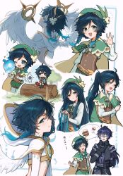  2boys alternate_hair_length alternate_hairstyle aqua_eyes aqua_hair barbatos_(genshin_impact) beret black_hair braid brown_corset cape capelet cecilia_flower_(genshin_impact) corset feathered_wings flins_(genshin_impact) flower genshin_impact gradient_hair green_cape green_capelet green_hat hat highres hood hood_down long_sleeves multicolored_hair multiple_boys multiple_views nameless_bard_(genshin_impact) partially_colored seelie_(genshin_impact) shirt short_hair side_braids trap twin_braids venti_(archon)_(genshin_impact) venti_(genshin_impact) white_flower white_hood white_shirt white_wings wings xeitlfrycz64403 