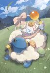  absurdres basket blue_sky closed_eyes clouds easter_egg egg grass highres mareep mountainous_horizon no_humans nullma open_mouth outdoors pokemon pokemon_(creature) sky togepi tree 