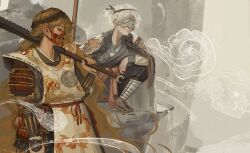  2others absurdly_long_hair adapted_costume androgynous armor black_headband black_kimono black_pants black_ribbon black_socks bracer brown_headband brown_sandals club_(weapon) covered_mouth cowboy_shot dragon_print expressionless eye_mask eyelashes fingernails fujiwara_no_iyozane full_body green_hair grey_background grey_mask grin hachimaki hair_ribbon haori hatsburg headband highres holding holding_club holding_weapon jacket jacket_on_shoulders japanese_armor japanese_clothes kariginu kimono knee_up len'en lips long_hair long_sleeves looking_ahead mask mountain mouth_mask multiple_others one_side_up oni_mask other_focus over_shoulder pants pauldrons pointy_ears poleyn print_jacket purple_kimono realistic red_eyes red_mask ribbon sandals sharp_teeth shirt shirt_under_kimono short_kimono shoulder_armor smile socks spiked_club taira_no_fumikado teeth very_long_hair wavy_hair weapon weapon_over_shoulder white_hair white_jacket white_shirt xiangyun zouri 