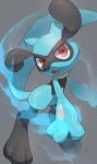  artist_name grey_background highres looking_at_viewer no_humans nullma open_mouth pokemon pokemon_(creature) riolu signature simple_background solo watermark 
