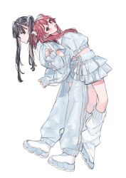  2girls assisted_stretching black_eyes black_hair blush closed_mouth commentary_request detached_sleeves grey_hair highres inkya_gyaru_demo_ikigaritai! jacket kashiwagi_tsukiko kuran_arisa layered_skirt leg_warmers long_hair long_sleeves looking_at_viewer midriff multicolored_hair multiple_girls ogino_ichiko open_mouth pants pleated_skirt red_eyes red_hair shirt shoes simple_background skirt twintails two-tone_hair two_side_up white_background white_jacket white_leg_warmers white_pants white_shirt white_shoes 