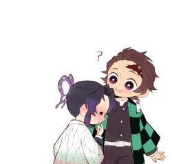  1girl alternate_universe animal_print blue_butterfly blush bug butterfly butterfly_hair_ornament butterfly_print butterfly_print_haori checkered_haori contemporary demon_slayer_uniform earrings hair_ornament hanafuda_earrings hand_up haori imminent_kiss japanese_clothes jewelry kamado_tanjirou kimetsu_no_yaiba kochou_shinobu lips lipstick makeup original pink_lips pkhoahue print_haori purple_butterfly scar scar_on_face scar_on_forehead short_hair simple_background smeared_lipstick updo white_background 