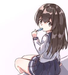  1girl black_eyes black_hair child closed_mouth food food_in_mouth holding holding_food holding_popsicle long_hair looking_at_viewer looking_back original popsicle popsicle_in_mouth school_uniform serafuku simple_background solo white_background zoirun 