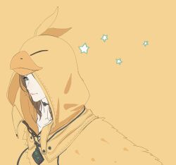  1girl aerith_gainsborough aerith_gainsborough_(chocobo_suit) amulet bird_costume bird_hood black_choker brown_hair chocobo choker closed_mouth d.k final_fantasy final_fantasy_vii final_fantasy_vii:_ever_crisis green_eyes light_smile official_alternate_costume parted_bangs smile solo upper_body yellow_background 