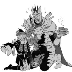  1boy 1girl armor boots covering_face duchess_(elden_ring) elden_ring elden_ring_nightreign extra_arms full_body greyscale hands_up headpat helmet heolstor_the_nightlord holding holding_cloth holding_plate jacket kneeling leg_armor long_hair monochrome pants pauldrons plate rokko_nr315 shoulder_armor simple_background spiked_helmet 
