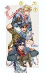  1girl 2boys ? battle_tendency black_hair blonde_hair blue_jacket bomber_jacket boots brown_hair caesar_anthonio_zeppeli carrying cigarette denim facial_mark feather_hair_ornament feathers fingerless_gloves gloves green_eyes green_scarf hair_ornament hands_on_another&#039;s_head headband heart highres human_stacking human_tower jacket jeans jojo_no_kimyou_na_bouken joseph_joestar joseph_joestar_(young) layered_sleeves lipstick lisa_lisa long_hair long_sleeves makeup multiple_boys pants pink_scarf red_scarf scarf short_over_long_sleeves short_sleeves shoulder_carry slit_pupils spoken_heart spoken_question_mark stacking striped striped_scarf sweat thigh-highs triangle_print zhoujo51 