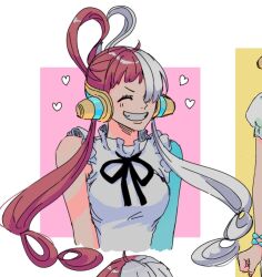  1girl ^_^ blue_gloves clenched_teeth closed_eyes dress elbow_gloves gloves hair_over_one_eye hdksz_39 headphones heart one_piece one_piece_film:_red red_hair single_elbow_glove sleeveless sleeveless_dress smile solo teeth twintails upper_body uta_(one_piece) white_dress white_hair 