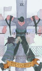  1boy 1girl bandana boots bound closed_mouth commentary dress earrings english_commentary flag full_body haramaki highres hood jewelry looking_at_viewer one_piece outdoors rika_(one_piece) roronoa_zoro sample_watermark shirt siyangou49 t-shirt tied_up_(nonsexual) twintails watermark 