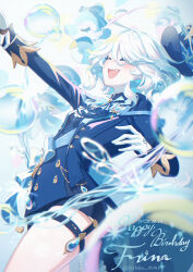  1girl absurdres aether_(genshin_impact) ahoge ascot black_gloves blue_eyes blue_hair blue_hat blue_jacket breasts bubble closed_eyes commentary_request crying furina_(genshin_impact) gem genshin_impact gloves grabbing_another's_hand hair_between_eyes happy_birthday hat highres jacket jewelry kikka_0141 long_hair long_sleeves mini_hat mini_top_hat multicolored_hair open_mouth ribbon small_breasts smile solo streaked_hair suit symbol-shaped_pupils top_hat white_hair 