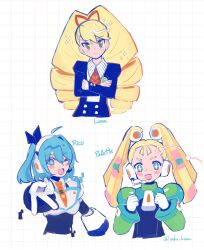  3girls absurdres artist_name blonde_hair blue_eyes blue_hair blush bow character_name crossed_arms drill_hair green_eyes hair_bow headset highres long_hair luna_platz_(mega_man) mega_man_(series) mega_man_star_force_(series) mega_man_x_(series) mega_man_x_dive multiple_girls open_mouth pallette_(mega_man) rico_(mega_man) saku_kinou smile sparkle twin_drills twintails very_long_hair 