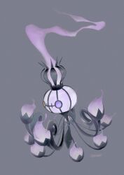 chandelier chandelure fire fireblast heterochromia highres mega_chandelure mega_pokemon no_humans pokemon pokemon_(creature) pokemon_focus pokemon_legends:_z-a purple_fire simple_background solo violet_eyes yellow_eyes 