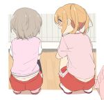  2girls blonde_hair buruma character_request copyright_request grey_hair gym_uniform highres looking_at_another multiple_girls purple_shirt red_buruma red_shirt shirt shoes sincos twintails white_footwear 