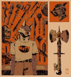  1boy animal_ears artist_logo axe battle_axe belt big_squid_man body_fur closed_mouth club_(weapon) collage cowboy_shot dagger eyebrow_cut film_grain furry furry_male hammer head_tilt helm helmet highres knife label limited_palette logo looking_to_the_side mace male_focus museum orange_background orange_theme original ornate_weapon pants parted_lips polearm print_shirt shield shirt shirt_tucked_in short_sleeves snout solo spear standing straight-on sword t-shirt text_print too_many two-tone_fur war_hammer weapon white_shirt wolf_boy 