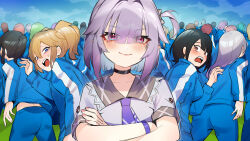  absurdres blue_pants blue_shirt chinese_commentary highres looking_at_viewer moyume multiple_girls original pants pink_eyes purple_hair purple_shirt running scared shirt smile 