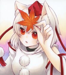  1girl animal_ears autumn_leaves commentary_request detached_sleeves grey_hair hat highres holding holding_leaf inubashiri_momiji leaf marker_(medium) open_mouth pom_pom_(clothes) red_eyes red_hat solo tokin_hat touhou traditional_media wolf_ears wolf_girl yuuki_hana_(jtnp5334) 