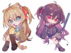  2girls :< :3 ahoge animal_ear_fluff animal_ears aqua_bow aqua_bowtie asymmetrical_legwear bandaid bandaid_on_knee bandaid_on_leg black_cardigan black_skirt black_socks blue_eyes blue_serafuku blue_skirt blush bow bowtie broken_heart broken_heart_hair_ornament brown_hair buttons cardigan cat_ears cat_tail chibi chibi_only closed_mouth collared_shirt commentary demon_horns demon_tail english_commentary evil_neuro-sama hair_between_eyes hair_ornament hair_ribbon hairclip heart heart-shaped_pupils heart_hair_ornament highres holding holding_lead_pipe horns lead_pipe loafers long_hair long_sleeves looking_at_viewer multiple_girls neuro-sama pinkpink939 pocket red_bow red_bowtie red_eyes red_ribbon ribbon school_uniform serafuku shirt shoes skirt skull_hair_ornament smile socks symbol-shaped_pupils tail tail_ornament tail_ribbon twitter_username two_side_up uneven_legwear vedal_ai very_long_hair virtual_youtuber watermark white_background white_shirt yellow_cardigan 