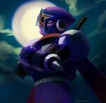  1boy clouds cloudy_sky commentary_request crossed_arms full_moon green_eyes katana male_focus mask mega_man_(series) mega_man_battle_network moon mouth_mask night night_sky ninja ninja_mask outdoors scarf shadowman.exe sky solo sword tsuchibori weapon 