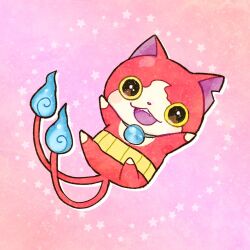  blue_fire commentary_request fire flame-tipped_tail gradient_background haramaki highres hitodama jibanyan looking_at_viewer multiple_tails no_humans notched_ear open_mouth pink_background red_fur solo star_(symbol) tail two_tails u315ygmmm youkai_(youkai_watch) youkai_watch 