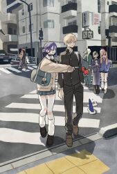  3girls 5boys angel_devil_(chainsaw_man) angel_wings bag bag_charm beak beam_(chainsaw_man) black_choker black_hair black_jacket black_pants black_ribbon black_shoes black_skirt black_suit blonde_hair blue_jacket bomb_devil_(chainsaw_man) bow bowtie brown_hair brown_shoes brown_sweater chainsaw_man character_doll charm_(object) choker city closed_eyes closed_mouth couple crosswalk demon_girl denji_(chainsaw_man) doll full_body gakuran green_eyes grey_pants hair_between_eyes hair_bun hand_in_pocket hayakawa_aki hetero higashiyama_kobeni highres holding_another's_arm hood hood_up horns jacket loafers long_skirt loose_socks medium_hair multiple_boys multiple_girls neck_ribbon open_mouth outdoors own_hands_together pants parted_lips plaid_clothes plaid_skirt pleated_skirt pochita_(chainsaw_man) pointing ponytail power_(chainsaw_man) purple_hair red_bow red_bowtie red_eyes red_hair red_horns reze_(chainsaw_man) ribbon school_uniform shark_fin shirt shirt_under_sweater shoes short_hair short_ponytail shoulder_bag skirt smile socks suit suit_jacket sweater takeuchi_ryousuke teeth twintails updo violence_fiend_(chainsaw_man) walking white_shirt wings 