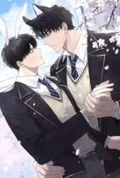 2boys animal_ears black_coat black_eyes black_hair cat_ears cherry_blossoms cherry_tree coat collared_shirt dutch_angle grey_vest hand_on_another's_back highres holding_hands kim_dokja large_hands looking_at_another male_focus matching_outfits multiple_boys necktie omniscient_reader's_viewpoint open_clothes open_coat rabbit_ears school_uniform shirt shirt_tucked_in short_hair striped_necktie sweatdrop tanppopo9 vest white_shirt wide-eyed yaoi yoo_joonghyuk