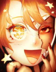  +_+ :d artist_name blonde_hair broken_mask crack cracked_kawaii_mask cracked_mask don_quixote_(project_moon) dual_persona english_commentary fingernails hair_between_eyes hand_on_own_face hand_up highres limbus_company long_hair mask minialily portrait project_moon red_eyes red_nails sancho_(project_moon) slit_pupils smile sparkling_eyes star_(symbol) yellow_eyes 