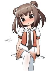  1girl absurdres black_neckerchief breasts buttons dated double-breasted double_bun feet_out_of_frame gradient_clothes gradient_skirt hair_bun highres invisible_chair kantai_collection maru_(marg0613) medium_breasts naka_(kancolle) naka_kai_ni_(kancolle) neckerchief one-hour_drawing_challenge orange_shirt pantyhose pleated_skirt sailor_collar school_uniform serafuku shirt simple_background sitting skirt solo twitter_username two_side_up white_background white_pantyhose white_sailor_collar white_skirt 