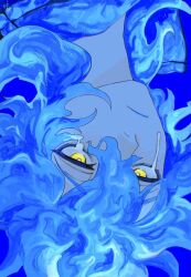  1boy azi_pra blue_background blue_fire blue_hair blue_lips closed_mouth commentary_request eyelashes fiery_hair fire hair_between_eyes highres idia_shroud male_focus melting_eyes simple_background twisted_wonderland upside-down yellow_eyes 