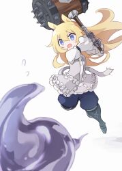  animal_ears black_ribbon blonde_hair blue_eyes boots cat_ears cat_girl cat_tail commentary_request flying_sweatdrops frilled_shirt frilled_sleeves frills giant_hammer gothic_coppelia hammer holding holding_hammer long_hair makino_(727me727) monster_girl open_mouth pants pants_tucked_in puffy_pants refrain_no_chika_meikyuu_to_majo_no_ryodan ribbon shirt simple_background slime_(creature) spikes tail weapon white_background white_shirt 