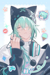  1boy anaxa_(honkai:_star_rail) animal_ear_headwear annshiro76 aqua_eyes aqua_hair beanie black_jacket character_sticker choker closed_mouth commentary eyepatch frown hair_between_eyes hand_up hashtag-only_commentary hat headphones headphones_around_neck highres honkai:_star_rail honkai_(series) jacket jacket_partially_removed long_hair long_sleeves male_focus medical_eyepatch paw_print pierced_hat pom_pom_(clothes) pom_pom_beanie shirt solo sparkle sticker symbol-only_commentary watermark weibo_watermark white_choker white_shirt 