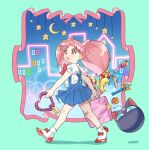  1girl absurdres bag bishoujo_senshi_sailor_moon blue_skirt bow chibi_usa chocolate-domino earrings highres jewelry moon_(ornament) neon_lights open_mouth pen pink_bag pink_hair red_bow red_eyes shopping shopping_bag skirt solo star_ornament twintails walking 