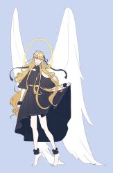  1girl above-cleavage_cutout ankle_cuffs barefoot black_dress blonde_hair blunt_bangs clothes_lift clothing_cutout dress dress_lift empty_eyes feathered_wings full_body hair_over_shoulder hair_ribbon halo halo_behind_head highres imgeun long_hair looking_at_viewer omniscient_reader's_viewpoint ribbon shoulder_cutout smile solo standing uriel_(omniscient_reader's_viewpoint) very_long_hair white_wings wings wrist_cuffs 