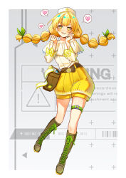  1girl absurdres bag belt blonde_hair blush boots border brown_belt brown_boots clenched_hands commentary english_commentary green_belt hair_between_eyes hair_ornament hat heart highres knee_boots leaf_hair_ornament long_hair long_sleeves multi-tied_hair off-shoulder_shirt off_shoulder original pclarbear shirt shirt_tucked_in shoelaces shorts smile solo speech_bubble spoken_heart standing standing_on_one_leg thigh_belt thigh_strap twintails white_border white_hat white_shirt yellow_eyes yellow_shorts 