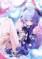 1girl ahoge alternate_costume artist_name balloon bare_shoulders blue_hair blush breasts covering_own_mouth detached_sleeves flower ganyu_(genshin_impact) genshin_impact gold_trim heart_balloon hmiyasaki holding holding_flower horns knees_up long_hair looking_at_viewer medium_breasts petals sidelocks sitting solo violet_eyes vision_(genshin_impact) white_flower 