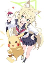  1girl animal_ears blonde_hair blue_archive blue_sailor_collar blue_skirt commentary_request fox_ears fox_girl green_eyes green_halo halo highres kamitosayu kurumi_(blue_archive) looking_at_viewer neckerchief pikachu poke_ball pokemon pokemon_(creature) red_neckerchief sailor_collar school_uniform serafuku shirt simple_background skirt thighs v white_background white_shirt 
