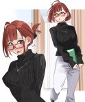  absurdres blush glasses hair_between_eyes highres kinshi_no_ane lewdrawings looking_at_viewer looking_to_the_side pants red_eyes redhead simple_background turtleneck white_pants 