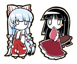  2girls absurdly_long_hair arm_belt artist_request baggy_pants belt belt_buckle black_hair blunt_bangs blunt_ends blush_stickers bow buckle chibi closed_mouth collared_shirt colored_skin commentary_request commission expressionless frilled_shirt_collar frilled_skirt frilled_sleeves frills frown fujiwara_no_mokou hair_bow hand_to_own_mouth hands_in_pockets happy hime_cut houraisan_kaguya korean_commentary large_bow long_hair long_skirt long_sleeves looking_at_another multiple_girls multiple_hair_bows ofuda ofuda_on_clothes orange_outline outline pants pink_shirt red_belt red_pants red_shoes red_skirt second-party_source shirt shoes simple_background single_blush_sticker skirt sleeves_past_fingers sleeves_past_wrists smirk standing straight_hair suspenders touhou very_long_hair white_background white_bow white_eyes white_hair white_shirt white_skin wide_sleeves 