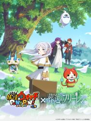  1boy 2girls absurdres anime_coloring axe black_coat boots bud capelet castle coat commentary_request copyright_logo copyright_name cover crossover day dress elf fern_(sousou_no_frieren) fire flame-tipped_tail flower frieren grass haramaki highres holding holding_suitcase jacket jibanyan komasan logo long_hair looking_at_viewer multiple_girls multiple_tails notched_ear official_art open_clothes open_coat outdoors petals pointy_ears poppy_(flower) promotional_art purple_hair red_fur red_hair red_jacket short_hair sousou_no_frieren standing stark_(sousou_no_frieren) suitcase tail tree two_tails weapon weapon_on_back whisper_(youkai_watch) white_dress white_flower white_fur white_hair youkai_(youkai_watch) youkai_watch 