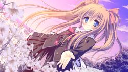  1girl black_skirt black_sleeves blonde_hair blue_eyes blush bow building buttons character_request city closed_mouth cloud cross female fingernails flower flower_field goodbye long_bangs long_hair long_sleeves lump_of_sugar moe pink_ribbon plant purple_sky ribbon skirt sky sleeves_past_wrists smile solo solo_focus tree twintails wallpaper white_flower 