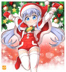  1girl blue_eyes blue_hair christmas commentary_request gochuumon_wa_usagi_desu_ka? hair_ornament hat highres kafuu_chino long_hair mittens overalls red_mittens santa_costume santa_hat smile solo takecho thigh-highs white_thighhighs 