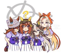  4girls ? animal_ears brown_hair buena_vista_(umamusume) collarbone commentary_request confused dream_journey_(umamusume) highres horse_ears horse_girl long_hair looking_at_viewer multiple_girls nakayama_festa_(umamusume) orfevre_(umamusume) school_uniform smile sugomori_tsuru_(hana_tsuru_wo) tracen_school_uniform umamusume watermark white_background 