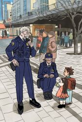  1girl asymmetrical_hair backpack bag bit_gag black_hair black_shirt blue_hat blue_jacket blue_necktie blue_pants blue_shorts brother_and_sister brown_hair brown_shoes child city collared_shirt colored_tips commentary_request contemporary crown earrings gag grey_hair hair_ribbon hanafuda_earrings hat highres holding_radio jacket jewelry kamado_nezuko kamado_tanjirou kimetsu_no_yaiba loafers long_hair looking_at_another multicolored_hair multiple_boys necktie open_mouth outdoors pants pink_jacket police police_badge police_hat police_uniform red_hair ribbon scar scar_on_face scar_on_forehead shinazugawa_genya shinazugawa_sanemi shirt shoes short_hair shorts siblings sidecut smile socks squatting takeuchi_ryousuke tree two-tone_hair undercut white_shirt white_socks winter 