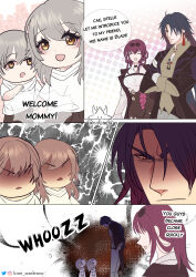  2boys 2girls age_difference artist_name barabin black_hair blade_(honkai:_star_rail) caelus_(honkai:_star_rail) english_text eyewear_on_head grey_hair hashtag-only_commentary highres honkai:_star_rail honkai_(series) instagram_logo instagram_username kafka_(honkai:_star_rail) long_hair long_sleeves looking_down looking_up multiple_boys multiple_girls purple_hair red_eyes shirt speech_bubble stelle_(honkai:_star_rail) sunglasses trailblazer_(honkai:_star_rail) twitter_logo violet_eyes white_shirt yellow_eyes 