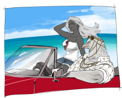  1boy 1girl animal_head arm_up beak bird_boy black_skin blue_shorts car chain chain_necklace closed_mouth collared_shirt colored_skin cowboy_shot dark-skinned_female dark_skin driving elden_ring elden_ring_nightreign eyewear_on_head grey_hair guardian_(elden_ring) jewelry motor_vehicle necklace open_clothes open_shirt profile recluse_(elden_ring) rokko_nr315 shirt shorts sitting sleeveless smile sunglasses white_shirt yellow_eyes 