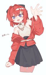  1girl :d absurdres ange_katrina arm_up bare_shoulders black_bow black_skirt blush_stickers bow collared_shirt cropped_legs dot_nose double-parted_bangs hair_between_eyes hair_bow hair_intakes hashtag hashtag-only_commentary highres jacket long_sleeves nanoni! nijisanji off_shoulder open_clothes open_jacket open_mouth pleated_skirt red_hair red_jacket shirt short_hair simple_background skirt sleeveless sleeveless_shirt smile solo violet_eyes white_background white_shirt 