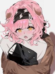  1girl animal_ears aogisa arknights black_hairband blush brown_pajamas cat_ears cat_girl commentary_request dakimakura_(object) doctor_(arknights) goldenglow_(arknights) grey_background hair_ornament hairband hairclip holding holding_pillow lightning_bolt_print open_mouth pajamas pillow pink_hair revision simple_background solo upper_body yellow_eyes 