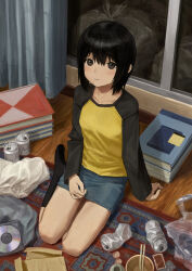  1girl absurdres an_yb arm_support bag black_hair black_shirt black_socks blue_skirt bob_cut book bowl brown_eyes can carpet chopsticks commentary_request curtains denim denim_skirt drink_can dvd_case hand_on_own_leg highres kneehighs long_sleeves looking_at_viewer nakahara_misaki nhk_ni_youkoso! on_floor plastic_bag shirt short_hair sitting skirt socks solo trash_bag two-tone_shirt window yellow_shirt yokozuwari 