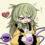  &gt;_&lt; blush buttons closed_eyes cup diamond_(shape) diamond_button flying frilled_shirt frilled_shirt_collar frilled_sleeves frills green_hair heart highres holding holding_cup kanji komeiji_koishi long_hair long_sleeves nose_blush open_mouth shirt simple_background sleeves_past_wrists steam sweat sweatdrop tears third_eye tongue tongue_out touhou translation_request yellow_shirt zunusama 